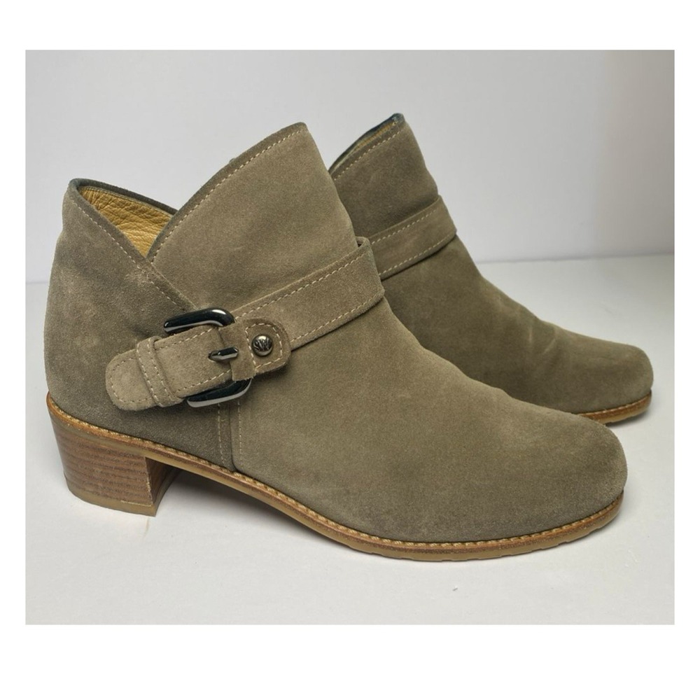 Stuart Weitzman Dude Taupe Suede Buckle‎ Block Heel Ankle Bootie Women Sz 8.5